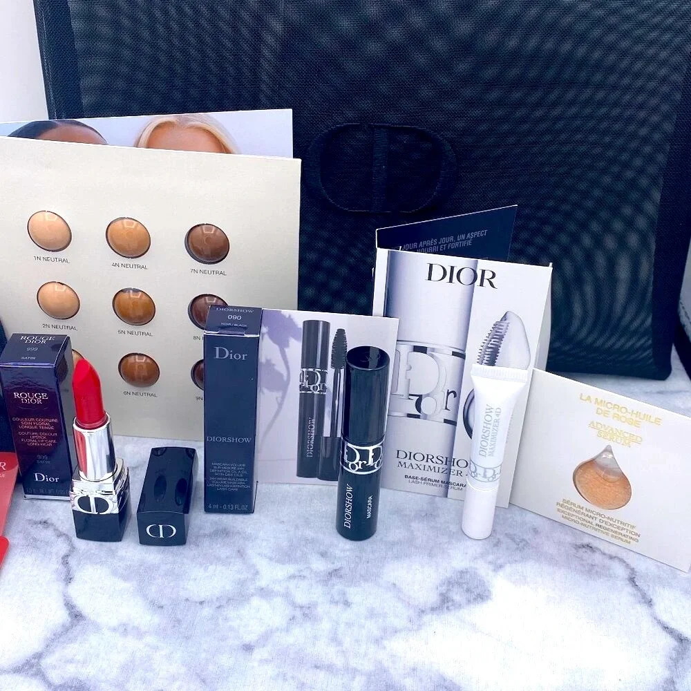 DIOR Beauty Gift Set-Black Pouch,Foundation,Mascara,Lipstick,Serum-8pc-BOXED-NEW